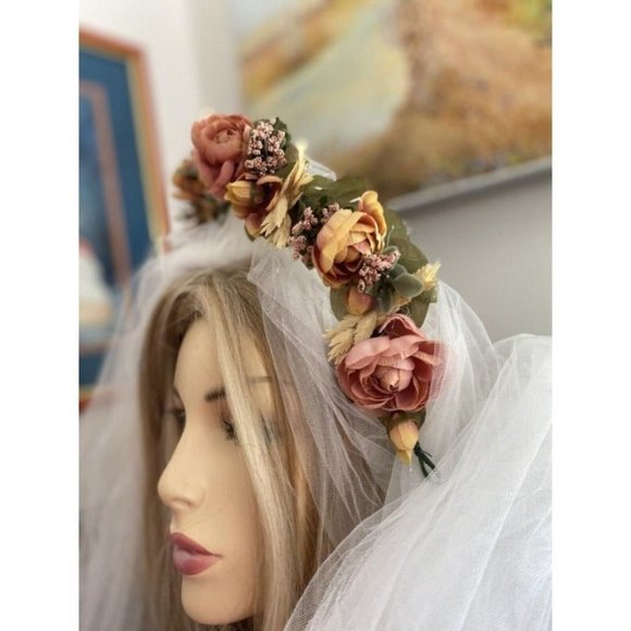 Vintage Bridal Wedding Hair Accessory Crown Earth Tones Boho Unique Handmade 70s - Picture 4 of 10